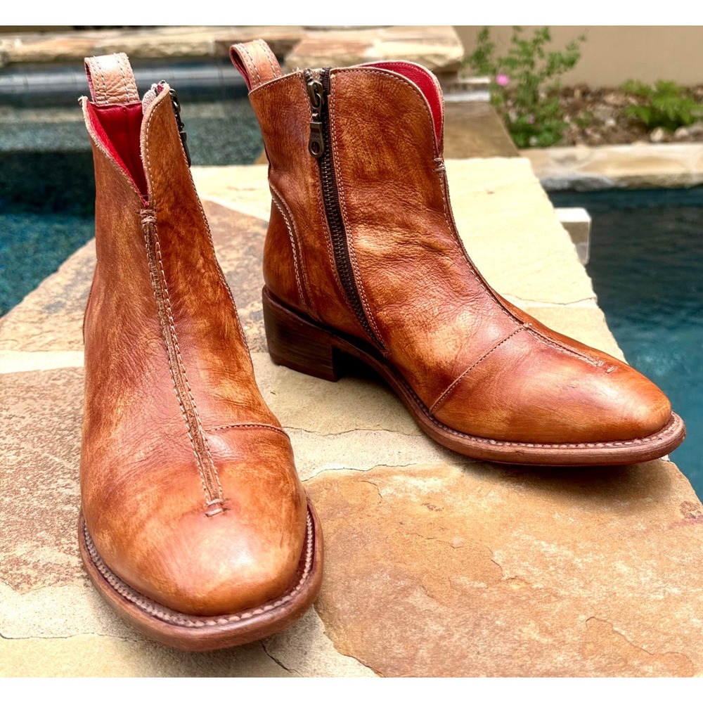 Bed|Stü Tabitha Women's 10 M Brown Leather Ankle Boots Side Zip Goodyear Vibram